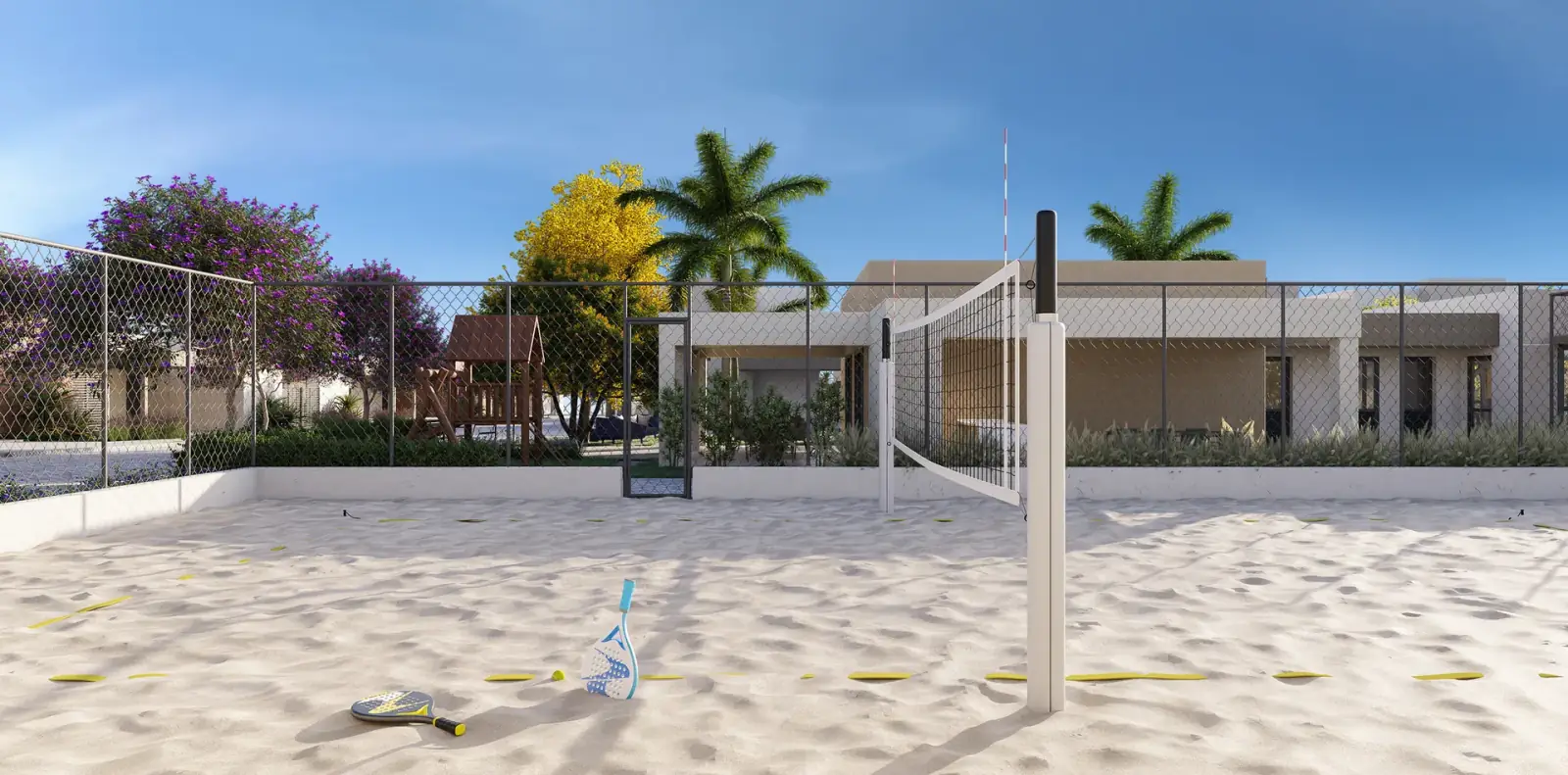 Quadra de areia para beach tennis, com rede e raquetes (perspectiva ilustrada)