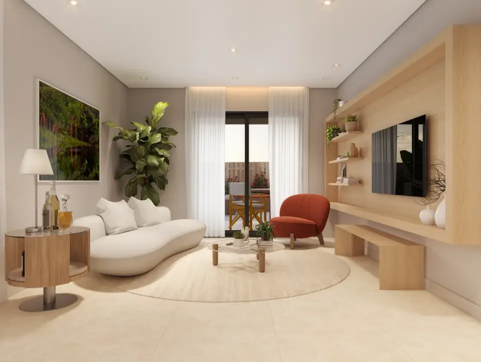 Sala de estar da casa térrea, com sofá curvo, painel de madeira e porta de vidro para o quintal (perspectiva ilustrada)